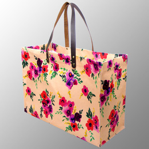 Bolso de compras de lona con estampado de flores totalmente personalizado, asas de cuero de PVC, bolsas de promoción de estilo de vida de lona, bolsas de transporte de playa de diseño personalizado - Product Image 4