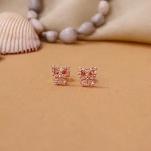 Boucles d'oreilles clous papillon plaqué or rose avec zircon pour femme, style nœud, bijoux fantaisie mignons pour soirée, cadeau - Product Image 3