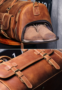 Genuine Leather Foldable Portable <b>Duffel</b> <b>Bag</b> Weekender Travel Carry-On with Zipper Closure Adjustable Strap Brown - Product Image 6