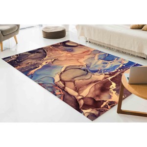 Brown and Blue Marble Rug: <b>Gold</b> Accent Pattern, Anti-Slip Carpet,Chenille Rug - Product Image 4
