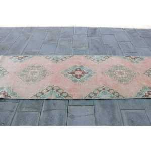 Vintage 3.1x12.1 ft <b>Rug</b>, Turkish <b>Runner</b> <b>Rug</b>, Pink Check <b>Rug</b> - Product Image 4