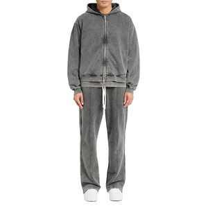 High Quality Customized <b>Zip</b> <b>up</b> Vintage Washed Pullover Wide Leg Pant Set Loose Boxy <b>Cropped</b> Man <b>Hoodie</b> - Product Image 4