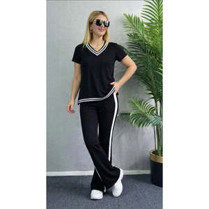 Conjunto de Dos Piezas para Mujer, Blusa de Manga Corta con Cuello en V de Viscosa de Dos Hilos y Pantalones, 35323 - Negro - Product Image 3