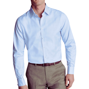 Camisa Príncipe de Gales de sarga sin hierro en azul aciano Estilo clásico, comodidad sin arrugas - Product Image 3