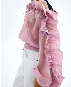 Best Quality Trendy <b>Tie</b> <b>Dye</b> Off Shoulder <b>Top</b> with Ruffled Neckline Casual Boho Style Summer Blouse for Women - Product Image 4