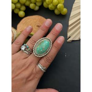 Navajo-Made <b>Ring</b> Kingman Turquoise Sterling <b>Silver</b> Size 7.5 Bezel <b>Set</b> Inlay Rose Gold 18K Plating Gift Licensed Private 'IS' - Product Image 2