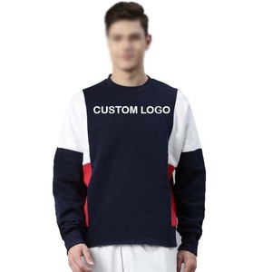 Sudadera de punto de algodón transpirable con logo personalizado estampado frontal, estilo casual de otoño para hombre, con bloques de color, cuello redondo, corte regular. - Product Image 1
