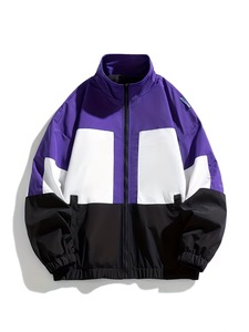 Men's Purple <b>White</b> Black Color Blocking Windbreaker Stand Collar Zipper Closure Sporty Racer <b>Jacket</b> Autumn Wear - Product Image 1