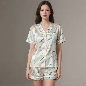 Ensemble de pyjama en satin respirant personnalisé pour femmes, deux pièces, vêtements de nuit en soie, grande taille, vêtements de nuit printemps été automne - Product Image 1