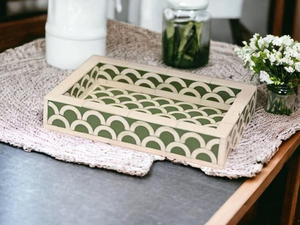 Plateau de console rectangulaire en bois massif fait main avec incrustations d'os, table de service durable avec accents métalliques pour la maison, le bureau, la salle à manger, la chaise - Product Image 6