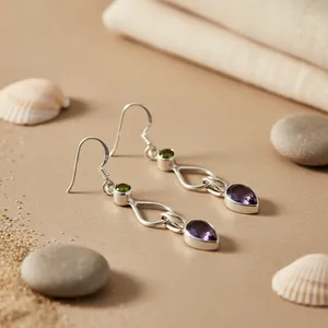Boucles d'oreilles pendantes en argent 925 avec péridot et améthyste pour femmes, idée cadeau tendance - Product Image 2