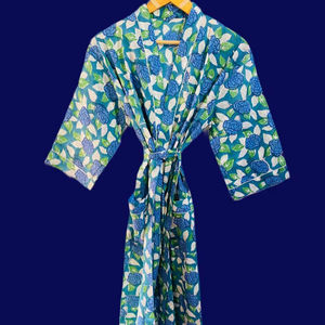 Spa Hotel Floral Cotton <b>Kimono</b> Robe With Design <b>Belt</b> Lightweight Bathrobe - Product Image 1