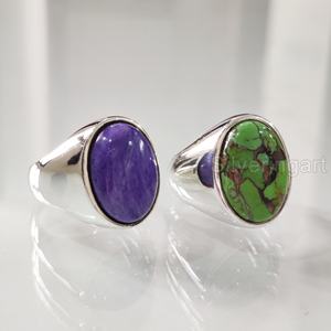 Bague pour homme en argent sterling 925, design simple, avec pierres précieuses naturelles (turquoise verte, charoïte), pierre de naissance, bijoux d'exportation - Product Image 3