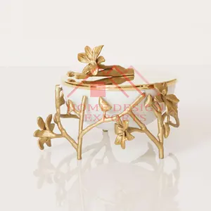 Hot Selling Metal Decorative Golden Orchid Table Bowl with Leaf Stands for Table Centerpieces/Unique Design Golden Serving Bowl