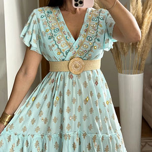 2024 Best Selling Women's Short Sleeve Mini <b>Dress</b> Elegant with Smocked Waist Deep V Neck and Asymmetrical Knot for Party Wear - Product Image 1