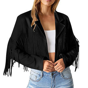 Veste en cuir synthétique à franges pour femmes, veste de moto courte à franges, veste coupe-vent courte personnalisable, mode automne, manteaux en cuir - Product Image 3