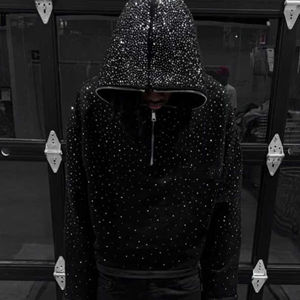 Sweat à capuche à demi-fermeture éclair avec impression de logo personnalisé pour hommes avec strass sur le visage Streetwear Boxy Sweat à capuche court Design personnalisable vierge - Product Image 3