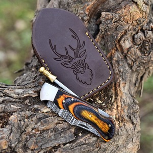 มีดพับเหล็กดามัสกัสแบบทำมือด้ามไม้หนังมีดตั้งแคมป์กลางแจ้งสวยงาม OEM รองรับ - Product Image 3