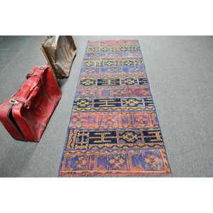 Alfombra de 2.8x7.3 pies, Alfombra Turca Vintage, Alfombra de Lana Azul con Diseño de Patchwork - Product Image 1