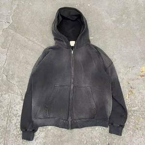 Luxury Street <b>Zip</b>-<b>Up</b> Hoodie Embroidered Acid Wash <b>Fleece</b> with Oversized Vintage Distressed Look. - Product Image 4