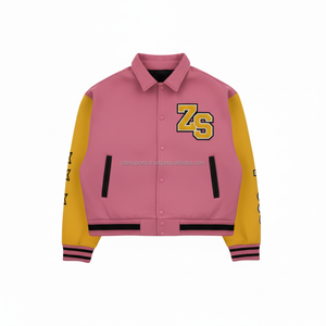 Veste universitaire en mélange de laine avec manches en cuir PU souple, veste universitaire en chenille à logo personnalisé jaune rose pour hommes - Product Image 1