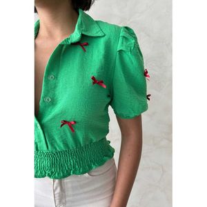 1 Bow Detail <b>Linen</b> Wholesale Shirt - [object Object] - Product Image 4