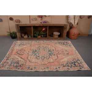 Alfombra turca vintage 4,5x6,8 pies hecha a mano Beige azul lana poliéster Rectangular felpa pila Patchwork patrón Tabriz estilo látex - Product Image 4