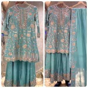 Traditional Designer Wedding & Party Wear Chinon Silk Embroidered & Sequence Work <b>Top</b> & Palazzo With Sequence Embroidery Dupatta - Product Image 1