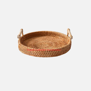 Plateau de service rond en rotin de qualité supérieure avec design et poignées plateau de rangement pour fruits pain collations et cuisine décor à la maison - Product Image 1