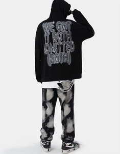 Nouveau sweat à capuche zippé court pour homme en molleton français personnalisé 500 g/m², avec strass, délavé à l'acide, effet usé, broderie de patchs - Product Image 6