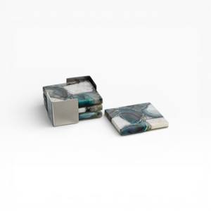 Square Natural Agate Stone <b>Coaster</b> Set with Teal Blue <b>White</b> Crystal Pattern and Solid Metal Holder - Product Image 1