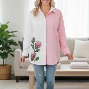 เสื้อเชิ้ตผู้หญิงแขนยาวผ้าฝ้ายลำลองปกคอปกปักลายมีเชือกผูกข้อมือ ระบายอากาศได้ดี คุณภาพสูง - Product Image 5