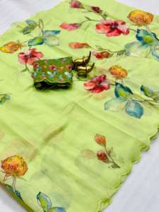 Sari de algodón Chanderi suave para mujer con bordado Aari y borde con trabajo de corte, hecho en India, en stock. - Product Image 3