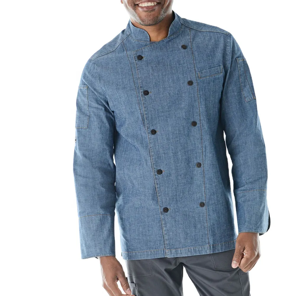 Özelleştirilmiş Unisex restoran üniforma kısa kollu denim şef ceketi çalışma üniforması mutfak için