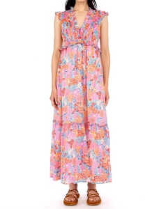 Floral Print Jersey Tea-Length A-Line Casual <b>Dress</b> V-Neck Sleeveless 100% Cotton Summer with Ruffles - Product Image 4