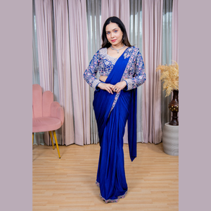 Exclusivo y elegante Sari de Diseño de manga completa en azul marino con hilo hecho a mano y proveedor de bordado Zari DE LA India - Product Image 4