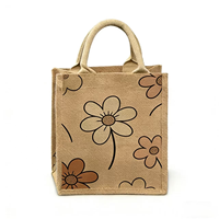 Sac fourre-tout en jute écologique avec logo personnalisé, sacs de courses réutilisables en toile de jute, sacs cadeaux imprimés à motifs floraux, vente en gros OEM/ODM