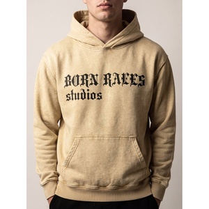 Sudadera con capucha de algodón grueso beige con lavado ácido para hombre, estilo streetwear, gráfico, de forro polar, venta al por mayor, vintage, desgastada - Product Image 1