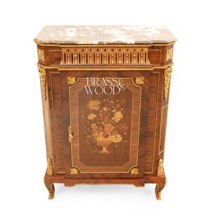 Mueble Zapatero de Lujo Estilo Francés con Tapa de Mármol Premium, Marquetería Floral Intrincada y Detalles en Latón Dorado para Salón de Palacio - Product Image 1