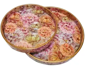 粉色和橙色珐琅印花木质托盘高品质木质早餐甜点盘装饰设计