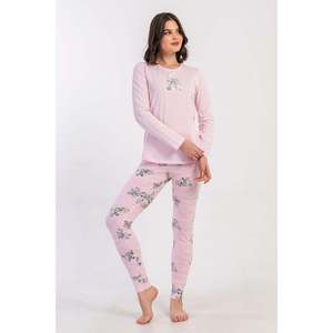 Conjunto de pijama de licra para mujer con cuello redondo, mangas largas, cintura ovalada y puños - Rosa - Rosa - Product Image 1