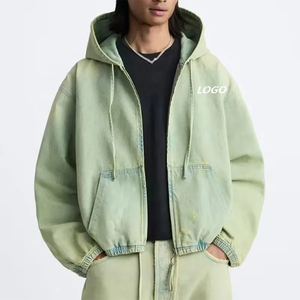 Vestes vintage en denim délavé à l'acide personnalisées de haute qualité pour hommes Sweats à capuche surdimensionnés à coupe ample et à fermeture éclair avec motif de lettres - Product Image 2