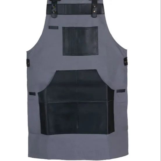 Grey Canvas Apron with Leather Pockets Handmade Kitchen Chef &Cooking Apron