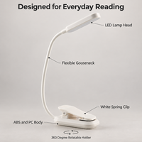 Lampe de lecture LED rechargeable à clip avec batterie 500 mAh, 3 modes d'éclairage, 5 niveaux de luminosité et fonction de mémoire de mode