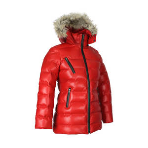 Veste en cuir rouge matelassée personnalisée pour femme avec capuche en fourrure, logo d'entreprise personnalisé, manteau d'hiver élégant, livraison gratuite - Product Image 2