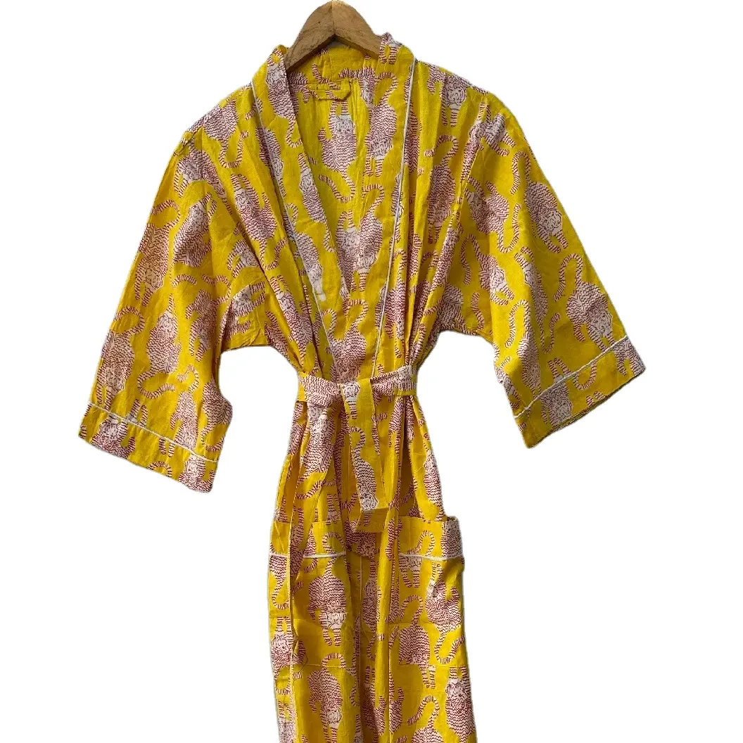 Kimono con estampado de tigre hecho a mano, bata larga de algodón de verano para mujer, ropa de dormir personalizada, vestido informal