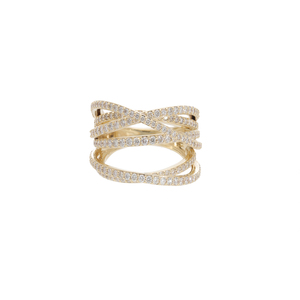Élégante bague large classique en or blanc plaqué rhodium, sertie de diamants naturels taille brillant, multi-rangs entrecroisés et étincelants - Product Image 1