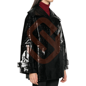 แจ็กเก็ตหนังจระเข้สำหรับผู้หญิง, แจ็กเก็ตหนังรถจักรยานยนต์ผิวจระเข้สีดำเงาวาว - Product Image 2