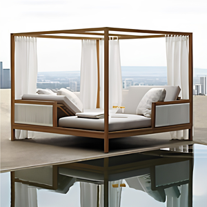 Modern Wood Sun Lounger Canopy Daybed Outdoor Leisure Chair with <b>Sheer</b> <b>Curtain</b> for Hotel Patio Balcony - Product Image 1