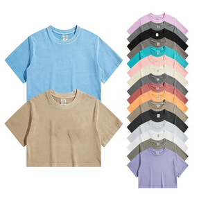 2024 femmes personnalisé haut court T-shirt lavage à l'acide plaine ample t-shirt décontracté femmes O cou coton haut court t-shirt - Product Image 1